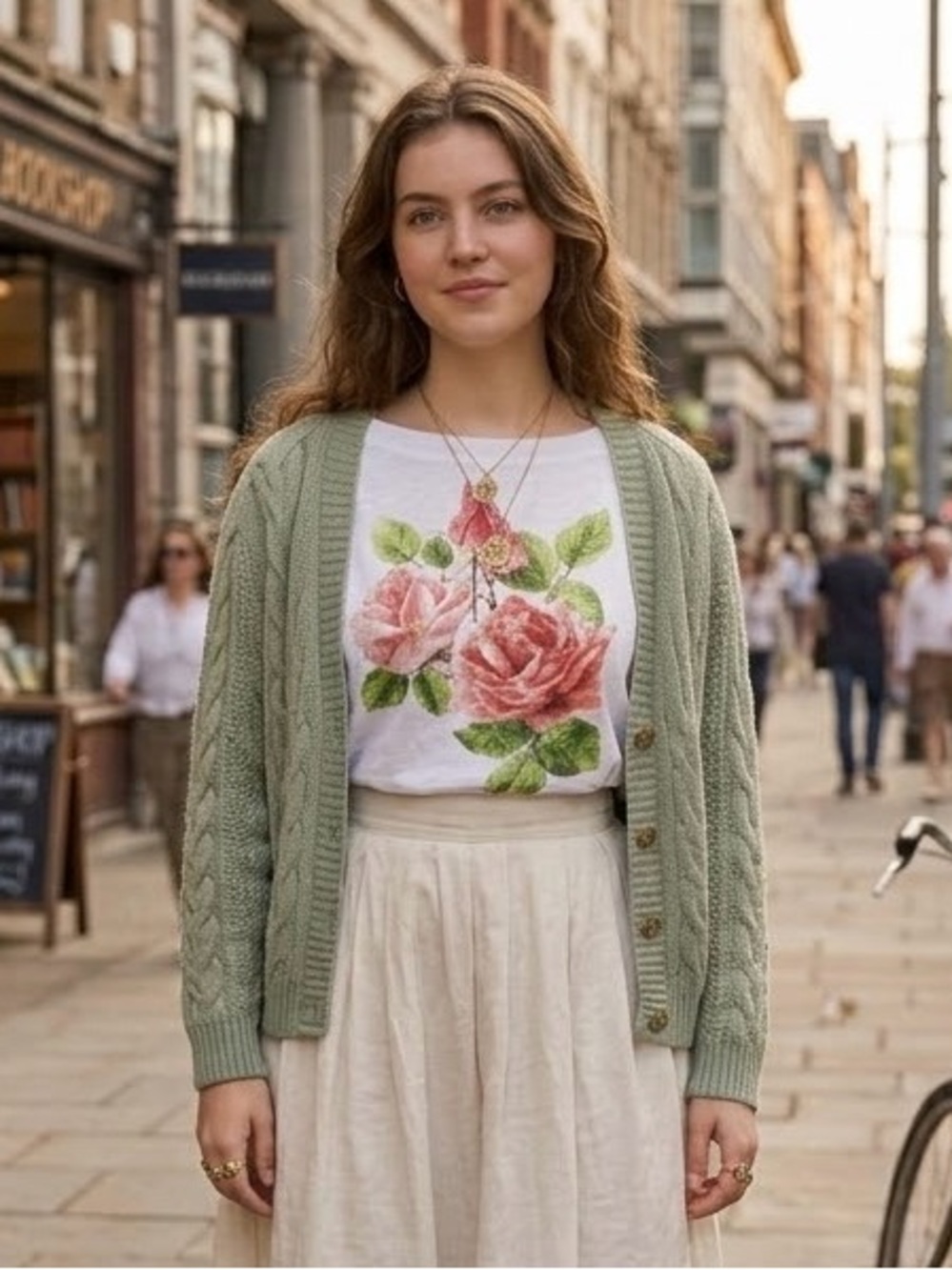 Vintage White Floral Rose 3/4 Sleeve Top